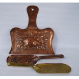 Arts & Crafts Newlyn School copper crumb tray decorated with impressed stylised fish, pierced