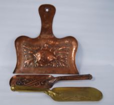 Arts & Crafts Newlyn School copper crumb tray decorated with impressed stylised fish, pierced