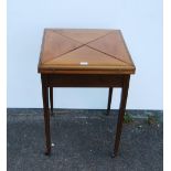Edwardian marquetry inlaid envelope card table, with all over chequered coromandel and satinwood