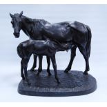 Russian painted cast iron sculpture (20th century) modelled as a horse and foal, maker's mark