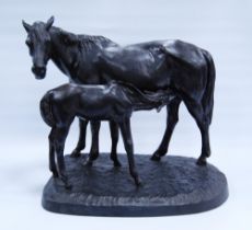 Russian painted cast iron sculpture (20th century) modelled as a horse and foal, maker's mark