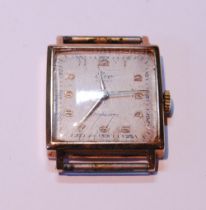 Elco 9ct gold 15 jewels gent's manual wind watch, c. 1950s, in square case with silvered dial,