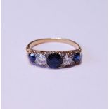 Diamond and sapphire ring with three sapphires, two old-cut brilliants and diamond points, in gold