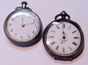 Two continental silver-cased open face ladies' fob watches, one stamped 0.935, 54.6g gross.  (2)