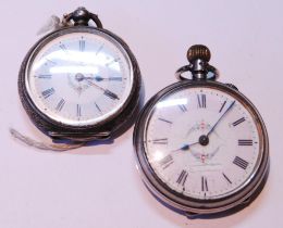 Two continental silver-cased open face ladies' pocket watches, stamped 0.935 and 800, 87g gross.  (