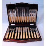 Set of twelve silver fish knives and twelve forks (Xylonite handles) by Cooper Brothers & Sons,