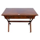 Mahogany campaign-style writing table, c. early 20th century, with large pull-out drawers containing