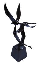 Modernist cast bronze sculpture modelled as a small flock of three seagulls, on a cube base, 59.