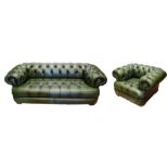 Chesterfield club-style green three-seater sofa and a matching armchair, sofa approximately 60cm