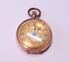 Geneva keyless cylinder watch in engraved gold open face case, 'k14', 32mm.