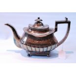 Silver teapot of rounded boat shape, gadrooned and engraved, by George Ferris, Exeter 1815, 662g