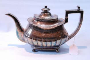 Silver teapot of rounded boat shape, gadrooned and engraved, by George Ferris, Exeter 1815, 662g