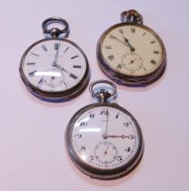 Silver-cased open face pocket watch, stamped 925, and two white metal-cased open face pocket