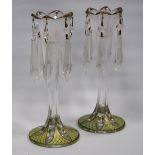 Pair of Bohemian-style glass and enamel lustres, each with tapered floral stem and six tear-shaped