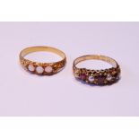 Victorian garnet and pearl ring in 18ct gold, c. 1870, and another with three opals, probably