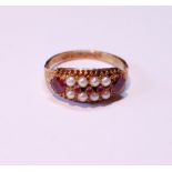 Victorian ring with pearls and rubies on engraved band, in 15ct gold, 1877, size R, 2.8g gross.