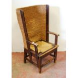 Orkney chair with shaped woven canopy back, detachable woven seat, scroll arm rests, on tapered