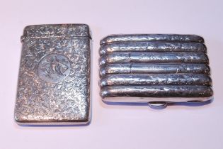 Silver cigarette case, ribbed and engraved, Birmingham 1896, and a gent's card case, 1901, 113g or