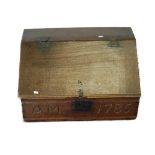 18th century oak bible box, the hinged slope enclosing two short drawers, inscribed 'AM 1785' to