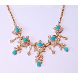 Victorian gold fringe necklace with light oval turquoises and half pearls, 15ct, 17.8g.