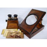Victorian burr walnut stereoscopic slide viewer with adjustable rise and fall knob for the