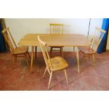 Blonde Ercol refectory-type table and four chairs, c. 1960s, the table on splayed supports, 71cm