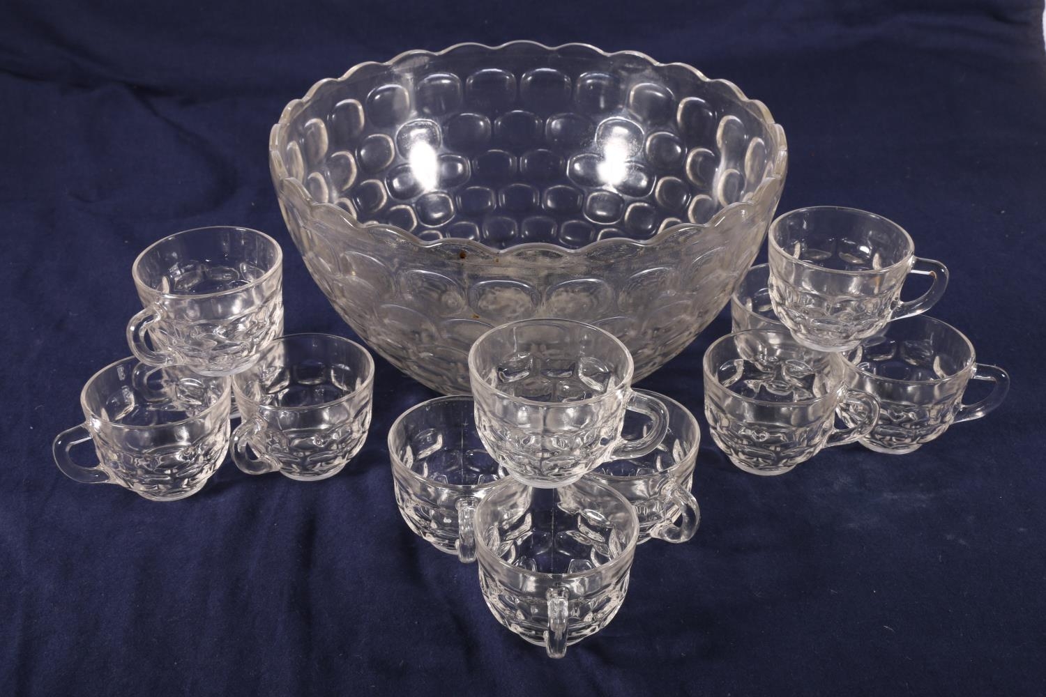 A punch set in box, comprising glass bowl and twelve cups and hooks #212