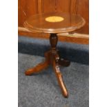 Antique style mahogany and inlaid dish top tripod ocassional table, 42cm diameter.