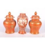 Pair of large Chinese baluster shaped ginger jars and covers, having orange ground and gilt