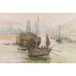 RB, Boats in harbour, watercolour, signed with initials lower right, 29cm x 44cm, gilt frame 49cm