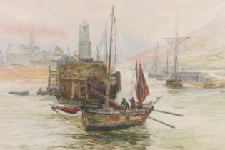 RB, Boats in harbour, watercolour, signed with initials lower right, 29cm x 44cm, gilt frame 49cm