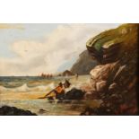 A JAMES, fisherman on a beach with boats by the coast in the background, oil on canvas, signed and