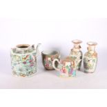 Chinese Canton famille rose teapot, 15cm high, a pair of famille rose vases, 15cm high, a similar
