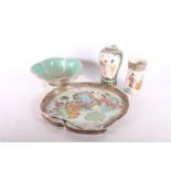 Chinese Canton famille rose lobed dish 28cm long (af), a lotus shaped bowl, a porcelain brush pot,