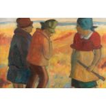IRIS AMPENBERGER (South African 1916-1981), Figures in a landscape, oil on board, 49cm x 59cm, frame