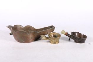 Chinese bronze spoon warmer or iron with lotus petal rim, 24cm long, and two smaller drinking