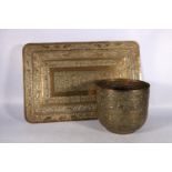 Indian brass rectangular tray with repoussé decoration, 60cm x 40cm, and an Indian brass