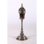 19th century silver-plated novelty vinaigrette in the form of street lamp with ruby glass holder,