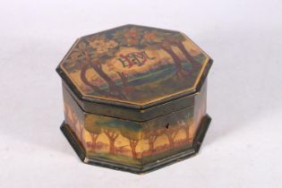 Art Nouveau style pen work treen box of octagonal section decorated with orange tree and lake scene,