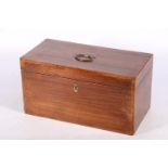 19th century mahogany and crossbanded tea caddy, the hinge top opening to reveal a fitted interior