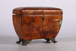 19th century tortoiseshell tea caddy of casket from having twin division interior raised on metal