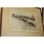 Blackfriars bridge London, etching, signed indistinctly bottom right, 24 x 34cm.