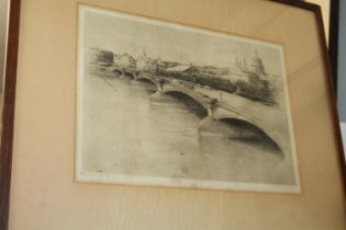 Blackfriars bridge London, etching, signed indistinctly bottom right, 24 x 34cm.
