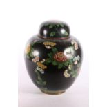 Chinese cloisonné black ground ginger jar with lid, floral decoration, 25cm high. #81