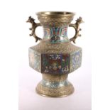 Brass champleve enamel vase, once fitted as a table lamp 29cm high. #244