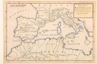 Map of the Mediterranean after Cornelio Nepote titled 'Expeditio Hannibialis', 15cm x 22cm, frame