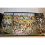 Reproduction print of Hieronymus Bosch Garden of Earthly Delights, on board, 56 x 100cm.