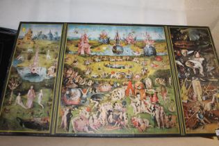 Reproduction print of Hieronymus Bosch Garden of Earthly Delights, on board, 56 x 100cm.