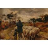 19TH CENTURY SCHOOL, Shepherd with flock, oil on canvas, unsigned, 14cm x 21cm, frame 28cm x