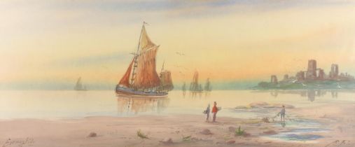 A BUTTS LWS, St Michael's and Fishing Boats, a pair of watercolours, 25cm x 60cm, gilt frames 47cm x